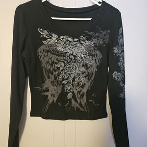 Source Unknown Black and Gray Floral Long Sleeve Top